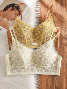 Vintage Lace Gathering Fixed Cup Soft Seamless Back Beauty Strap Bra