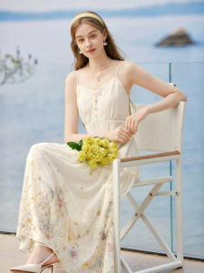 XIANGYING | Cotton Embroidered Summer Dress V-neck High-waist Midi