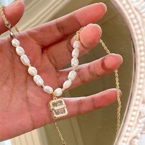 French Style Freshwater Baroque Pearl Necklace Geometric Personalized Elegant Diamond Inlaid Clavicle Chain Accessible Luxury Fancy Ornament