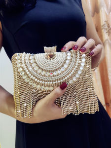 Elegant Pearl Beaded Tassel Handbag for Women Gold Evening Dress Crossbody Clutch Bag Fashionable European Style Pillow Shape