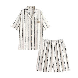 yuenei | Mens Summer Cotton Pajamas Loose Fit Short Sleeve Home Clothes Fashionable Stripes Can Be Worn Outside Comfortable Breathable