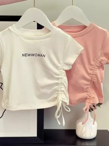 Cotton Drawstring Sweet Casual Girls Short Sleeve T-Shirt