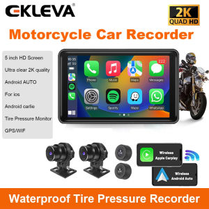 EKLEVA Wireless Apple CarPlay Dual Bluetooth DVR for Motorcycles 1080P+1080P 5\" IPS Portable GPS Navigation Android Auto Motorbike IPX7 Waterproof