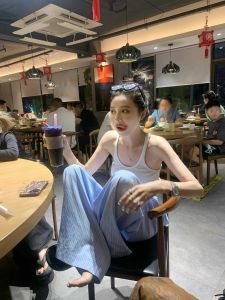 High-Waisted Striped Casual Pants for Women in Lightweight Denim Style with Loose Fit and Slimming Leg Line