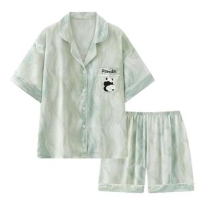 miiow | Ice Silk Sleepwear Womens Summer Thin Short Sleeve Home Clothes Can Be Worn Outside Cute Cartoon Panda Print Comfortable Leisure Suit