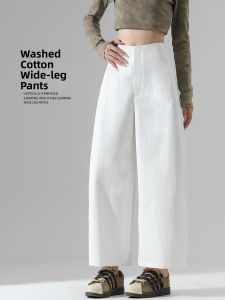 Washed Cotton Wide Leg Pants Womens Loose Casual Trousers Autumn Spring High Waist Zipper Fly Casual Style Fashionable