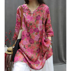 Cotton and Linen Womens Clothing Retro Color Mid Length Long Length Pullover Shirt Summer Slim Fit Slimming Ladieswear Western Style Linen Tops Thin