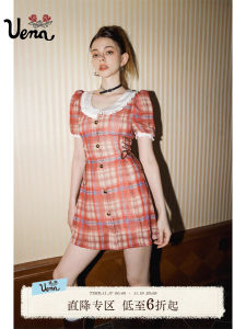 Uena American Retro Plaid Doll Collar Waist Cinched A-Line Bubble Sleeve Dress Womens Clothing Summer Short Sleeve Midi Dress