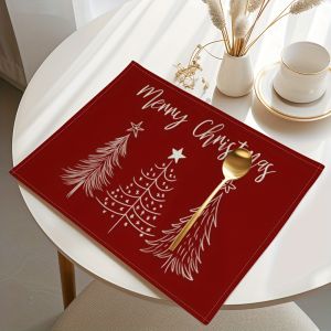VIKAMA 4-Piece Burgundy Christmas Tree Placemats Family Gatherings Christmas Parties Holiday Table Decor Accessories