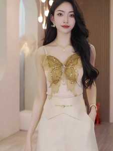 Luxurious Embroidered Sequin Butterfly Design Heavy Work Strap Vest Womens Inner Wear Top with Chest Pad Elegant Back Style