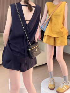 Shalldoer | Fashionable Simple Linen Womens Summer 2025 Casual Sleeveless Loose Shorts Two-Piece Set Round Neck Short Sleeve Hoodie