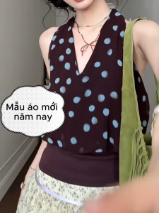 Áo Cổ Yếm Chấm Bi Nữ Cổ Chữ V Phong Cách Retro Mùa Hè Áo Không Tay Ôm Dáng