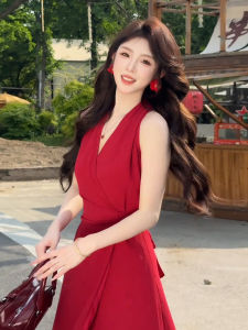 SUSIEYUAN | Red Halter Beach Resort Long Dress