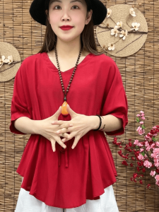 French Anti-Aging Solid Color Chiffon Shirt Summer New Design High-End Short Sleeve Womens T-Shirt Blouse V-neck Regular-length