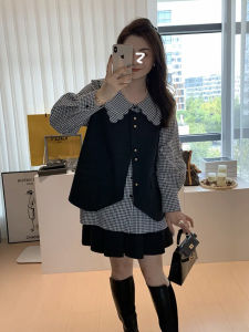 เสื้อเชิ้ตแขนยาวทรงหลวมสไตล์ฝรั่งเศสสำหรับผู้หญิงไซส์ใหญ่ ทรงเข้ารูป ปกเด็ก ลายสก็อต ทรงเข้ารูป เสื้อผ้าทำงาน