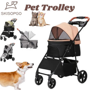 Pet Stroller 3-in-1 Basket Dog Cat 4 Rotating Wheels Travel Trolley Foldable