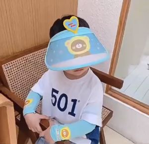 Mũ che nắng trẻ em vành rộng hoạt hình dễ thương kèm bao tay chống nắng đồng bộ – Chống tia UV