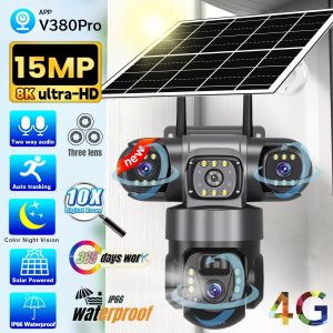 3 Lens 4G Solar Camera HD 15MP 8K Outdoor PTZ Waterproof Night Vision Two-Way Audio V380 Camera Mobile Tracking CCTV IP Camera