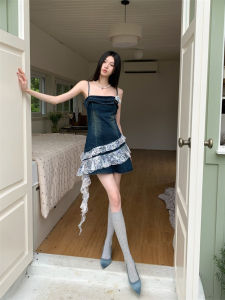 Retro Denim Lace Floral Print Halter Dress Summer Rose Gradient A-Line Skirt Washed out Color Block High Waist Short Sleeveless