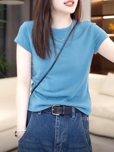 เสื้อยืดแขนสั้นทรงสลิมฟิตสำหรับผู้หญิง สไตล์เกาหลี สีสันสดใส ทรงพอดีตัว ฤดูร้อน 2025 เสื้อยืดคอตตอนผสมโพลีเอสเตอร์