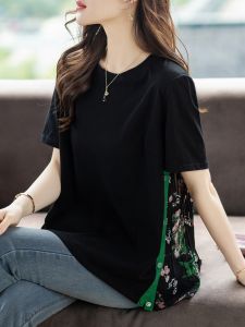 Summer New Style Womens T-shirt round Neck Pleated Floral Patchwork Short Sleeve Silk Blend Korean Style Commute Wear
