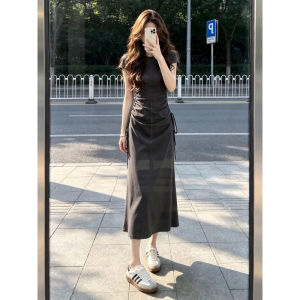 NIUVIES | Đầm Dài Màu Xám Phong Cách Pháp Dây Nịt & Đuôi Cá