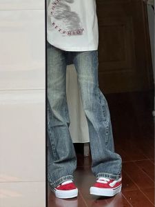 กางเกงยีนส์ทรงหลวมสไตล์ย้อนยุคสไตล์อเมริกันสำหรับผู้หญิง กางเกงขายาวทรงตรงเอวสูง กางเกงขายาวทรงหลวมสำหรับสาวๆ ทรงสลิมฟิต