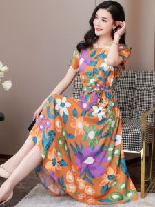 Váy Lụa Cotton Mới Cho Phụ Nữ Trung Niên Mùa Hè Cao Cấp Cỡ Lớn Váy Dài Bằng Cotton Nhân Tạo Váy Công Sở Thường Ngày