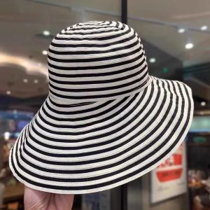 Foldable Summer Striped Fishing Cap Womens New Long Sun Protection Hat Fashionable Bucket Hat Large Head Circumference Sun Hat