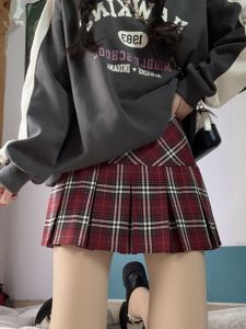 Sweet Preppy Plaid Mini Skirt High Waist A-Line Midi Skirt for Women College Style Polyester Fabric Knee High Socks