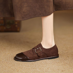 Large Size Womens Flats Size 41 to 43 Spring Autumn Belt Buckle Loafers Velvet Flat Heel New 2025 Low Heel Women Shoes