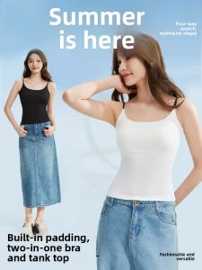 MiiOW | Womens Two-in-One Strap Vest Built-In Chest Pad Backless Sleeveless Tank Top Base Layer Casual Korean Style Slim Fit