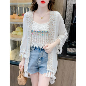 WANGGONGZHU | เสื้อคาร์ดิแกนผู้หญิงสไตล์โบฮีเมียนฤดูร้อนป้องกันแสงแดดแบบหลวมๆ แขนยาว ทรงหลวมๆ สำหรับใส่ไปทำงาน