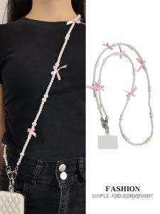 Long Fashion Pearl Chain Scarf Butterfly Knot Mobile Phone Lanyard Crossbody Universal Clip-on Pendant High Quality Craftsmanship