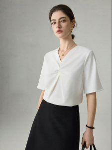 YAKEJIA | White Satin Short Sleeve Shirt Twisted Front Elegant