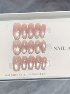 Manxisi Handmade Nail Art French Wearable Almond Nude Blush False Nails Diamond Cat Eye Elegant Customized Gift Box Packaging