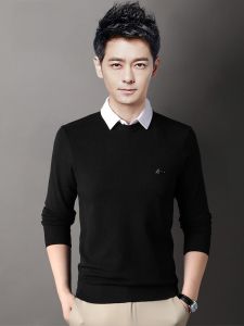 ROMON | Lormen Mens Knitted Sweater Shirt Collar Thickened Warm Slim Fit Black Autumn Winter Fashion Fake Two-Piece Long Sleeve Business Casual Polyester Fiber Acrylic Nylon