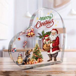 2D Christmas Heart-Shaped Ornament 4in Acrylic Santa Claus And Tree Design Colours Home Office Desk New Year Decor