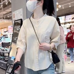 Áo Sơ Mi Nữ Tay Giữa Dáng Rộng Cổ Bẻ Thường Ngày Mùa Hè 2025 Phong Cách Hàn Quốc Cotton Nguyên Chất Màu Trơn Khóa Cài