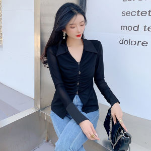 REHIN Autumn New Pullover Mesh Shirt with Slim Fit  Elegant Long Sleeve T-shirt solid Color Lapel Womens Top