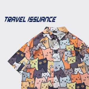 Travel Issuance Summer Design Cartoon Full Print Loose Short Sleeve Shirt Cat Cluster Fun Print Casual Wear for Men