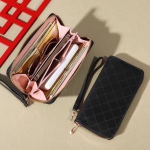 Trendy Solid Color Long Wallet Zippers Clutch Coin Purse Womens Faux Leather Card Holder With Wristband