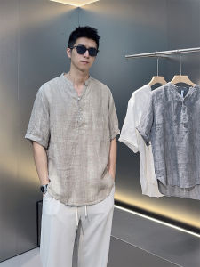 เพียว ผ้าลินิน เสื้อ หลวม ฟิต คอวี แขนสั้นผู้ชายแฟชั่นฤดูร้อนระบายอากาศได้ดีลำลองเยาวชนยอดนิยมสไตล์ฤดูใบไม้ผลิรายการ