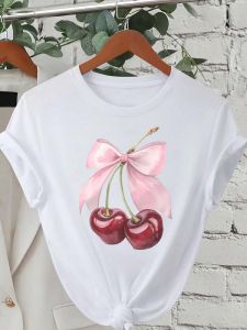 Fashion Cherry Print Women T-Shirt Short Sleeve Crew Neck Casual Tops for Summer Spring Womens Clothing Tops Tees