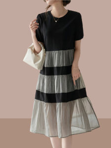 ชุดเดรสทรงเอสีดำสไตล์ฝรั่งเศส ทรงหลวม แขนสั้น กระโปรงยาวคลุมเข่า สำหรับผู้หญิง ชุดทำงานฤดูร้อน 2023