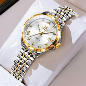 OLEVS 6702 Mechanical Women Fashion Watch Gift Round-dial Stainless Steel Watchband Wristwatch Calendar Luminous