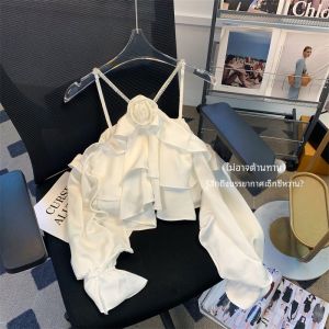 เสื้อเชิ้ตผ้าซาตินคอวีแขนยาวผู้หญิง Pure Desire เสื้อเชิ้ตผ้าชีฟองแขนยาวคอวีสไตล์หวานสำหรับฤดูใบไม้ร่วงปี 2023