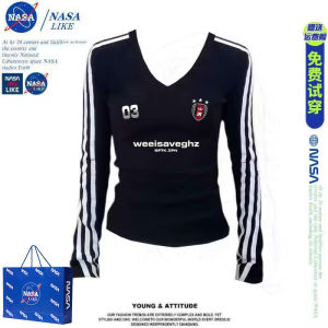 Áo Thun Cổ Chữ V Tay Dài Ôm Vừa Vặn Phong Cách Ngọt Ngào Cay Nồng Của NASA Dành Cho Nữ Mùa Thu Ngắn Màu Tương Phản Ba Sọc