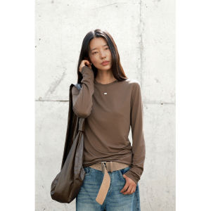 Haverice Soft Metal Wool Silk Long Sleeve T-Shirt Shoulder Width Regular Commute Style Pure Color Womens Premium Fashion