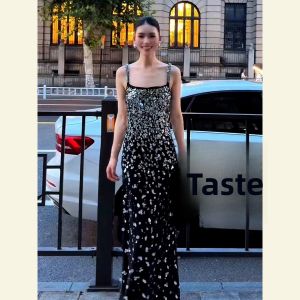 SHANGSHA | Stylish Elegant Black Glittered Waist-Hugging Strap Dress